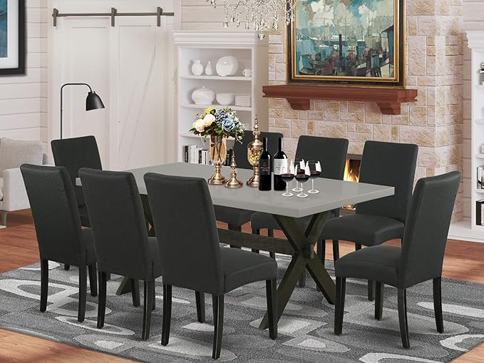 East West Furniture X697DR124-9 9 Piece Modern Dining Table Set Includes a Rectangle Wooden Table with X-Legs and 8 Black Color Linen Fabric Upholstered Chairs, 40x72 Inch, Multi-Color