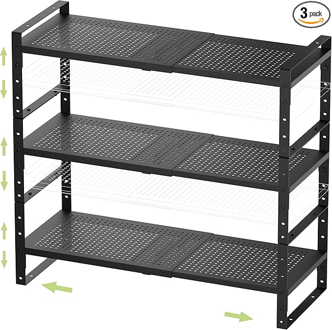Expandable Stackable Aadjustable Shoe Rack Pantry Shelf for Kitchen Cabinets Counter Shelves Countertop Cupboard Storage Solution,Sturdy Heavy-Duty Metal Construction(3Packs/Black/Medium)