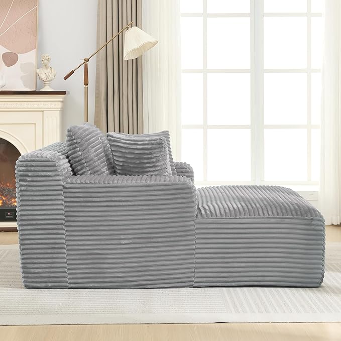 Oversized Chaise Daybed Lounge Sleeper Chair Sofa Bed Indoor, Fluffy Corduroy Upholstered Sleeper Recliner Sofabed Full Foam Boneless Cloud Sofabed W/3 Pillows for Home/Apartment Living Room Bedroom