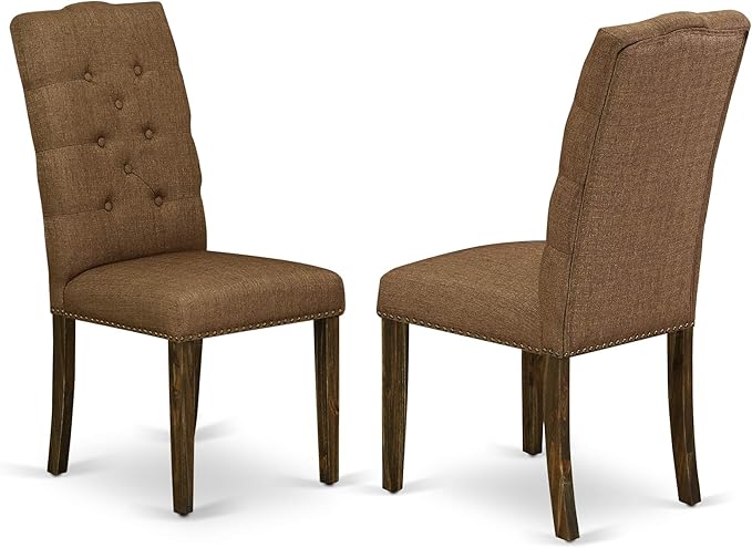 East West Furniture F2EL5-718 5 Piece Kitchen Table & Chairs Set Includes a Round Dining Table with Pedestal and 4 Brown Linen Linen Fabric Parson Chairs, 48x48 Inch, Distressed Jacobean