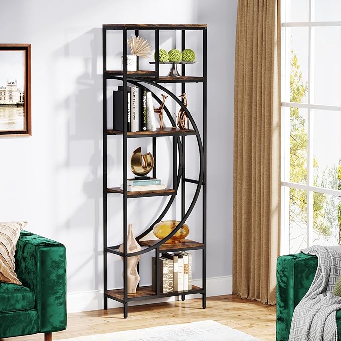 Geometric Bookshelf, 70.9" Tall Bookcase with 7-Shelf Open Shelves, Wood Metal Book Shelf Display Rack Storage Shelving Unit for Office, Bedroom, Living Room, Easy Assembly, Rustic Brown