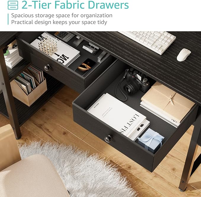 DLisiting Black Corner Desk for Small Space with Drawers, Reversible Gaming L Shaped Computer Desk with Storage Shelves for Kids Boys, Corner Work Study PC Desks for Bedroom