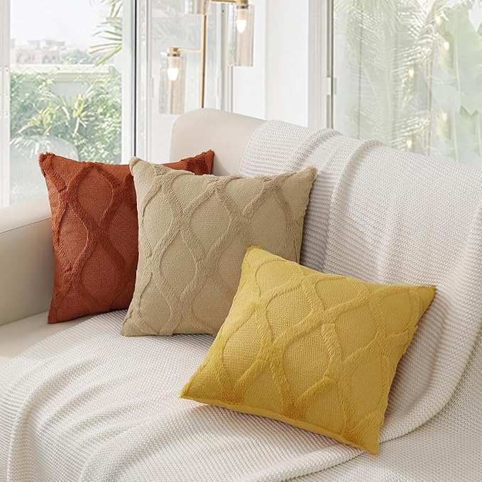 decorUhome Fall Throw Pillow Covers 16x16 Inch Set of 2, Soft Plush Faux Fur Wool Mustard Yellow Couch Pillow Covers, Decorative Neutral Pillow Cases for Bed Sofa Living Room Home Decor