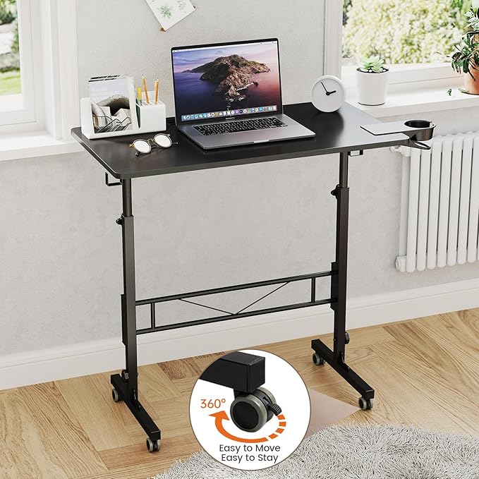 Hadulcet Small Standing Desk Adjustable Height, Mobile Stand Up Desk with Wheels, Portable Walking Pad Table Stand, Rolling Laptop Cart for Standing or Sitting, Black