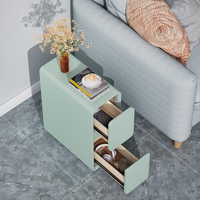 VICITON Modern Narrow Faux Leather Nightstand, Solid Wood Drawer, Storage Accent Table, Small Side End Table for Bedroom (Blue, Narrow)
