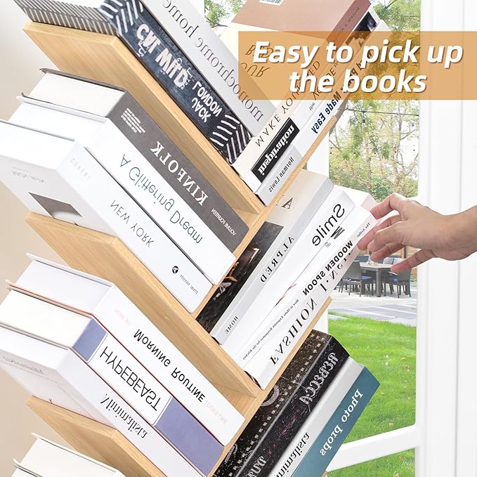 8 Tier Tree Bookshelf with Drawer, Free Standing Wood Bookcase for Narrow Space, Storage Organizer Bookshelves for Books, Book Case for Home Office, Living Room, Bedroom - Natural