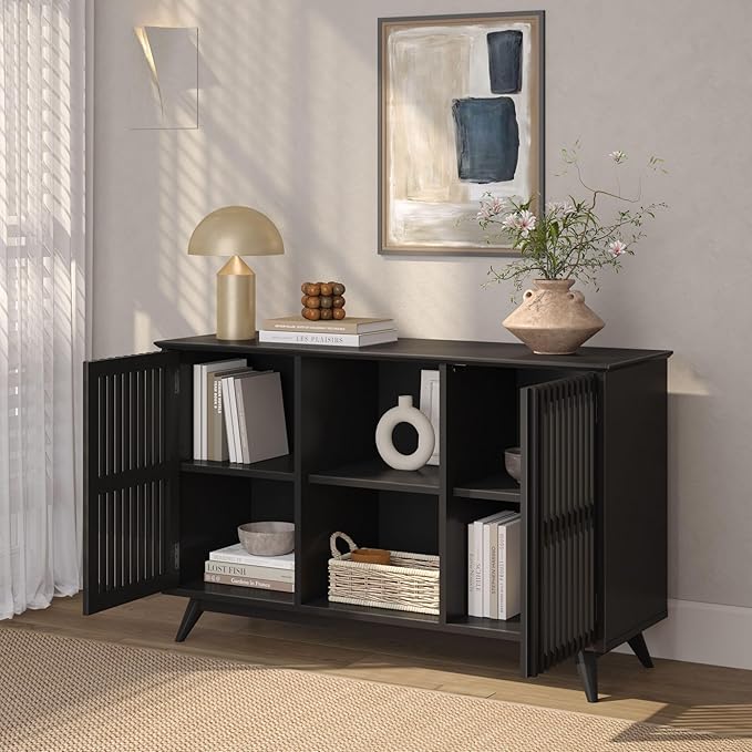 Plank+Beam Mid-Century Modern Wood TV Stand, Solid Wood Entertainment Console with Storage, 49" L x 16" W x 30" H, Black