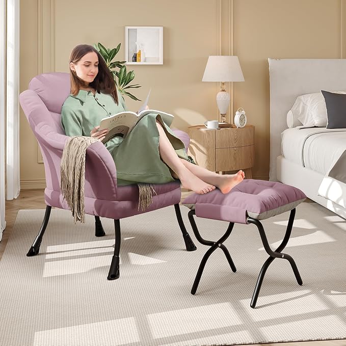 IDEALHOUSE Lazy Chair with Ottoman - Modern Living Room Chairs for Small Spaces, Ergonomic Reading Chair with Armrests, Comfy Chair with Ottoman for Bedroom & Living Room, Pink