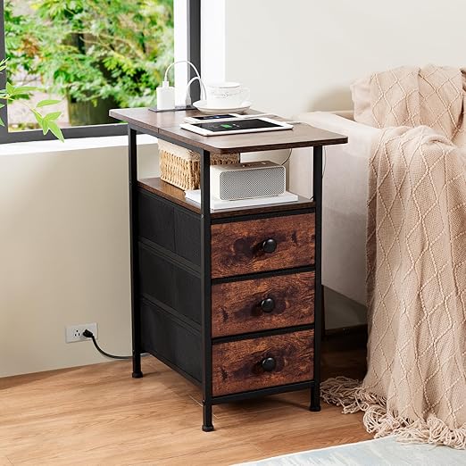AMHANCIBLE End Tables Living Room with Charging Station, Narrow Side Table with USB Ports and Outlets, Slim Nightstand with 3 Fabric Drawers for Bedroom, Small Space, Rustic Brown, HETN013BR-1
