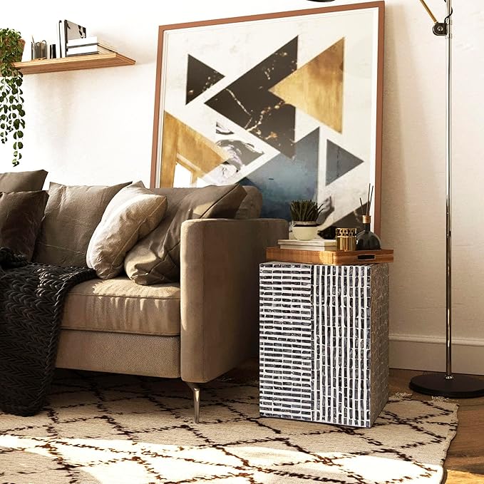 PEMAR Capiz Shell Square Drum End Table Side Accent Table Contemporary Mosaic Deco Patio Coffee Boho Décor Modern Nightstand & Vanity Stool (Dark Grey & White Stripes)