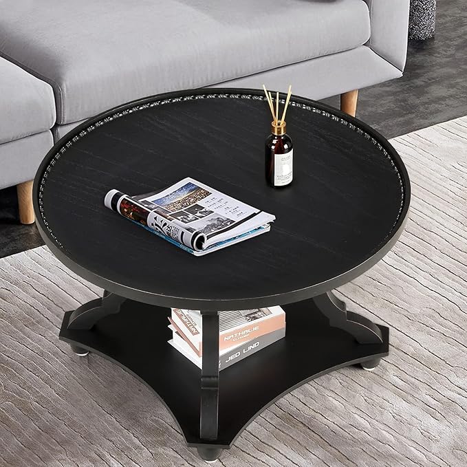 Wnutrees Farmhouse Round Coffee Table, Wood Tray Top Circle Coffee Table with Storage Shelf Rustic Style for Living Room and Vintage Finish, Black