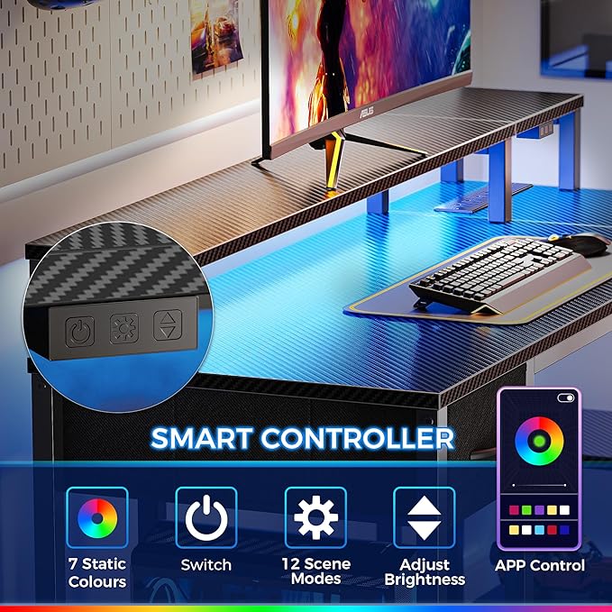 SUPERJARE 47 inch Reversible L Shaped Desk with LED Lights & Power Outlets, Computer Desk with Shelves & Monitor Stand, Gaming Desk with Drawer, Home Office Desk Corner Desk, Carbon Fiber Black