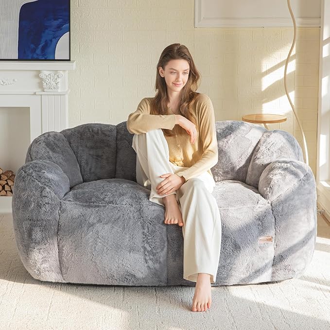 MAXYOYO Bean Bag Chair for Adults, Loveseat Floral Shaped Bean Bag Sofa, Ultra Soft Love Seat Mini Sofa Couch, Faux Fur Reading Chair for Living Room Bedroom, Dark Grey