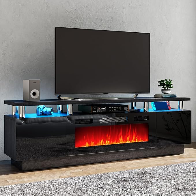 80" TV Stand for Living Room, Large Entertainment Center & Media Console, Fits TVs up to 90", Storage Cabinet with Shelves, 36" Electric Fireplace (All Black)