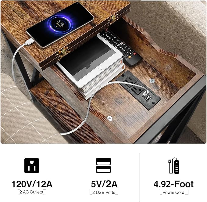 TooCust End Tables Living Room with Charging Station, 11.2" D x 24" W x 24" H, Flip Top Side Table with USB Ports and Outlets, Couch End Tables, Narrow End Table with 5.5" Deep Drawer