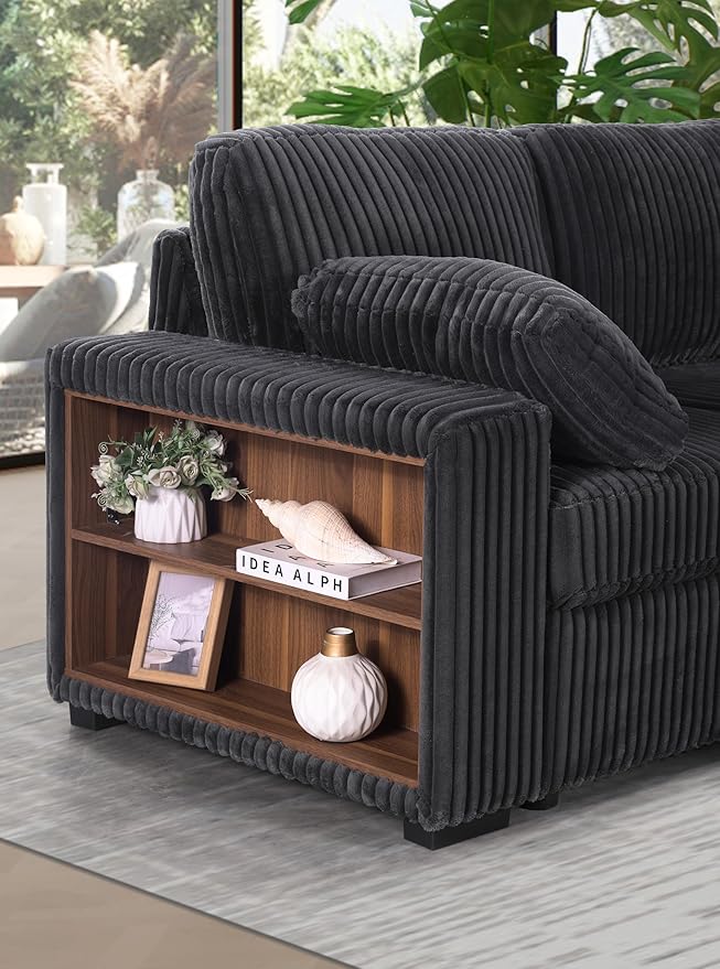 Eafurn Oversized U Shaped Convertible Sleeper Sectional Sofa w/Pull Out Couch Bed, 6 Seater Corduroy Upholstered Corner Lounge Sofa Couch Sleeper Sofabed w/Storage Chaise,Shelves
