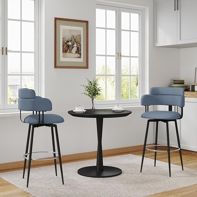 Swivel Bar Stools Set of 2, Counter Height Bar Stools with Ergonomic Full Back, Upholstered Linen Fabric Barstools with Chrome Metal Footrest for Kitchen Island, Dining Room