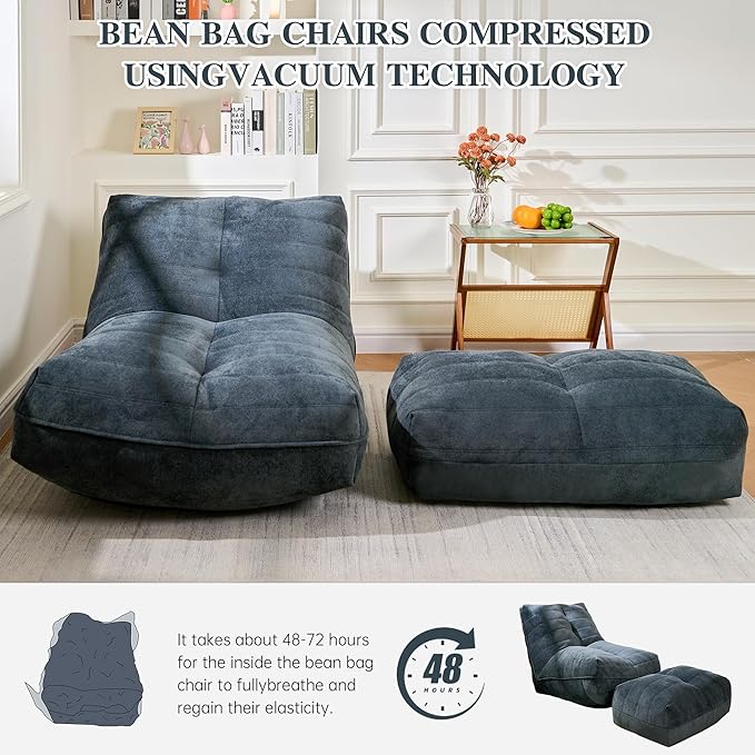 Bean Bag Chair with Ottoman, Comfy Bean Bag Sofa with Memory Foam, Lazy BeanBag Sofa with Footstool, Fireside Bean Bag Couch for Living Room, Bedroom, Apartment (Blue Gray)