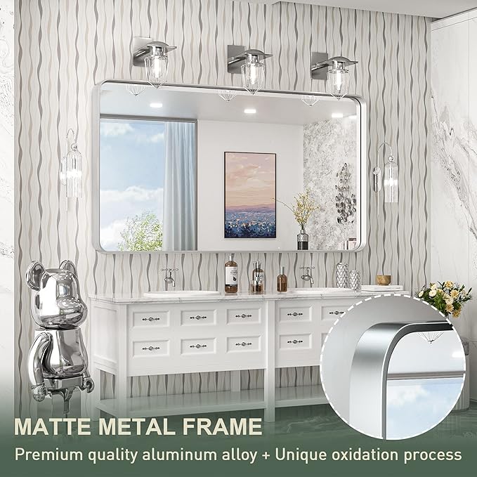 TokeShimi 60 x 30 Inch Wall Mirror for Bathroom Brushed Silver Metal Frame Decorative Rectangular Wall Mounted Home Decor Corner Hangs Farmhouse Mirror (Horizontal/Vertical)