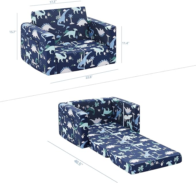 Ulax furniture Kids Sofa Chair for Reading, 2-in-1 Sofa Toddler Fold Out Couch, Convertible Sofa to Sleeper Couch (Navy Dinosaur)