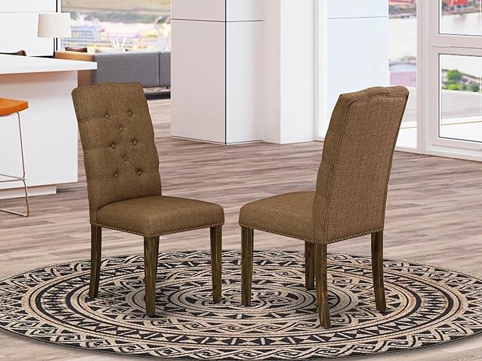 East West Furniture ELP7T18 Elsa Parson Chairs - Button Tufted Nailhead Trim Brown Linen Linen Fabric Padded Dining Chairs, Set of 2, Jacobean