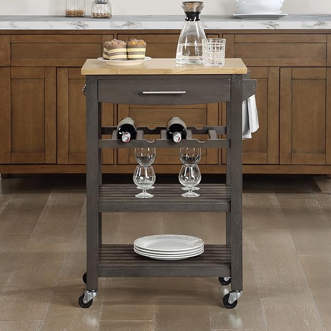 Convenience Concepts Ellaine 4 Tier Kitchen Cart with Drawer and Wine Rack, 24.75 x 16.5 x 34.5, Wirebrush Dark Gray/Butcher Block