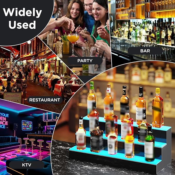 Dethan 4 Tier 16 Inch LED Lighted Liquor Bottle Display Shelf - Illuminated Wine Racks with Multi-Color App & Remote Control, Adjustable Brightness & Sound Modes, Acrylic Bar Shelves for Club Displays