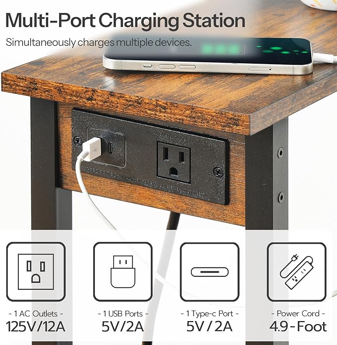 HOOBRO Small End Table with Charging Station, Set of 2, Narrow Side Table with USB Port and Outlets, Skinny Sofa Table, Slim Nightstand, Living Room, Bedroom, Rustic Brown and Black BF240UBZP201
