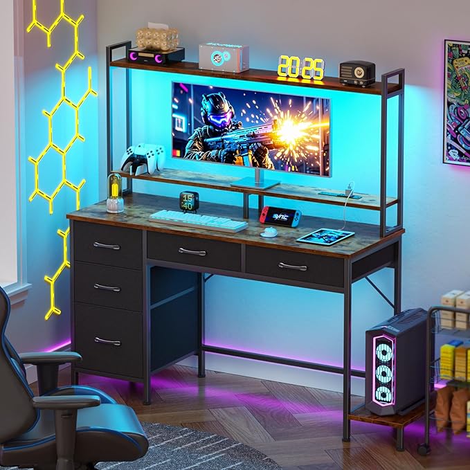 Computer Gaming Desk with Hutch, Home Office Desk with Power Outlets, LED Light, 5 Storage Drawers, 2 Tiers Shelves for Display, 47 Inch Modern Study Writing Table for Bedroom, Rustic Brown