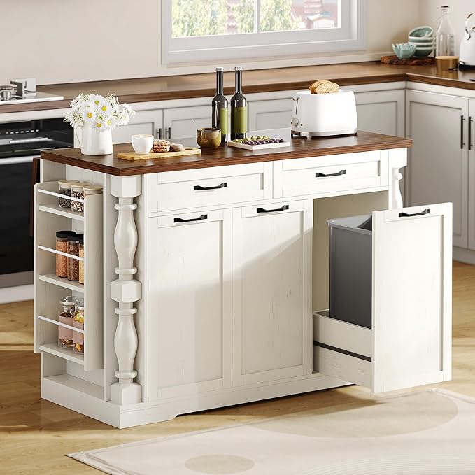 YITAHOME Americana Kitchen Island with Drop Leaf & Power Outlet, 47.6 inch Mobile Butcher Block Island Cart, Pull-Out Trash Can Storage, 3-Tier Spice Rack, White and Walnut