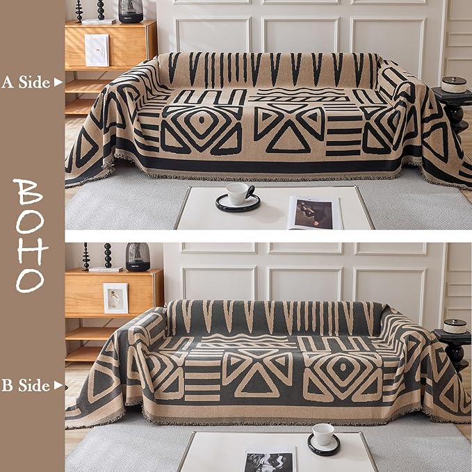 HANDONTIME Boho Geometric Couch Covers for Sofa Pet Friendly Taupe and Black Sofa Covers Washable Chenille Couch Blanket Cover for 1 2 Cushion Couches Pet Protector Furniture Cover Soft, 71" X 102"