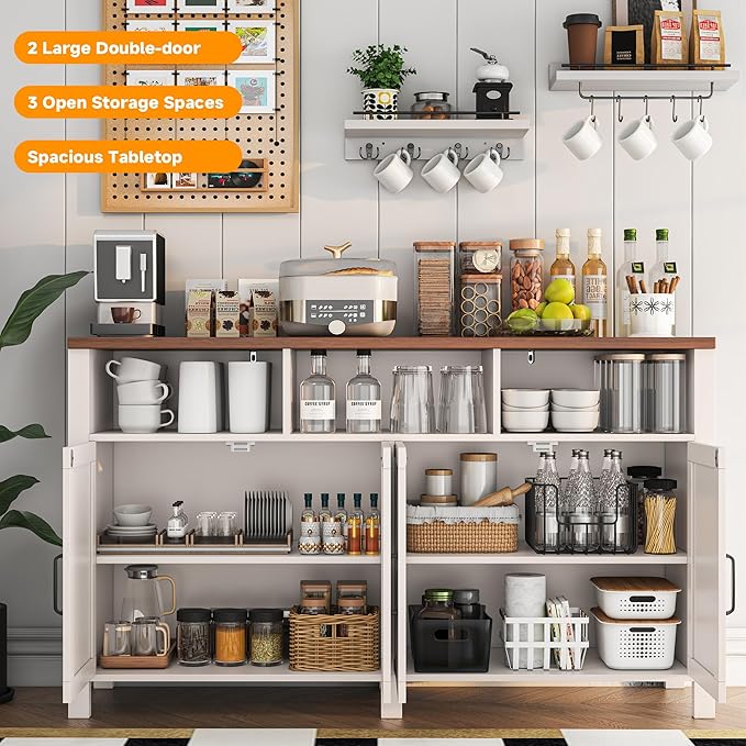 Buffet Sideboard with Storage Farmhouse with 4 Doors, 55'' Large Kitchen Storage Cabinet Wood Coffee Bar Cabinet Buffet Table with Shelves for Kitchen, Dining Room, Entryway
