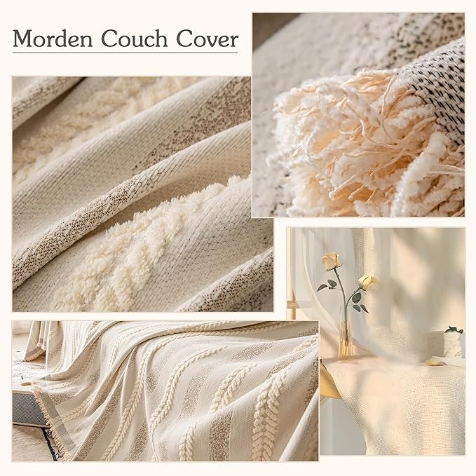 Couch Cover for Dogs Washable Sofa Cover, Sectional Couch Covers, Sofa Covers for 2 Cushion Couch, Non Slip Stripe Sofa Slipcovers Furniture Protector, Couch Protector from Cat Claws, Beige,75''x134''