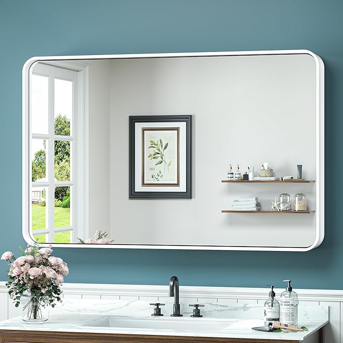 TokeShimi 40 x 24 Inch Wall Mirror for Bathroom White Metal Frame Decorative Rectangular Wall Mounted Home Decor Corner Hangs Farmhouse Mirror (Horizontal/Vertical)