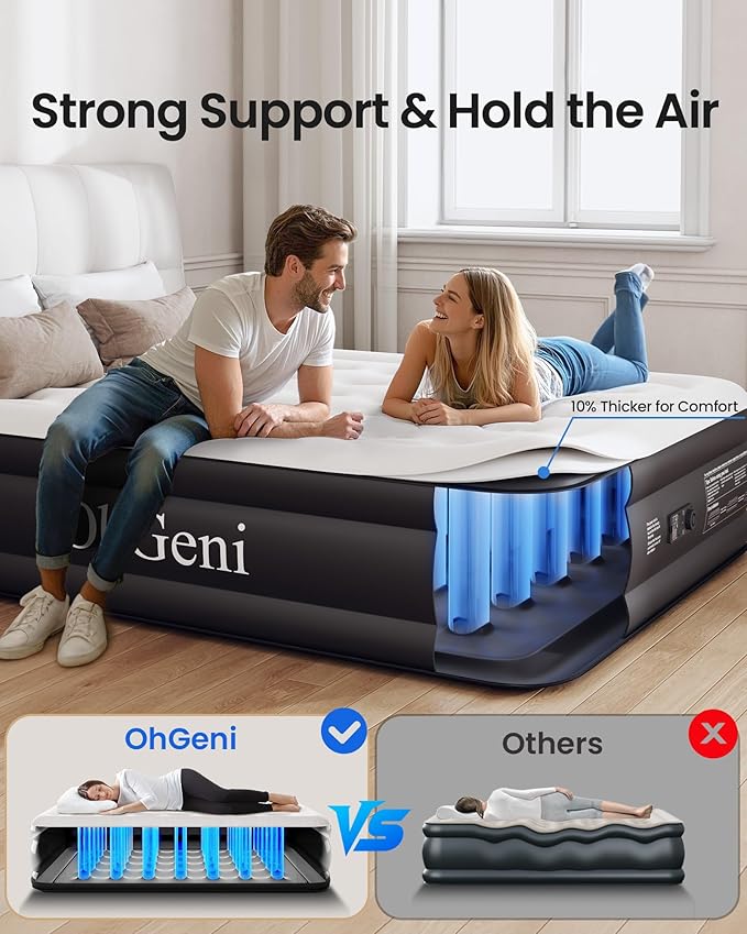 OhGeni King Air Mattress Family Choice Award with Built-in Pump,18'' Comfortable Blow Up Colchones Inflables Mattress for Home,Guests, Portable Air Bed for Adults, Airbed Supports Up to 650 lbs,Black