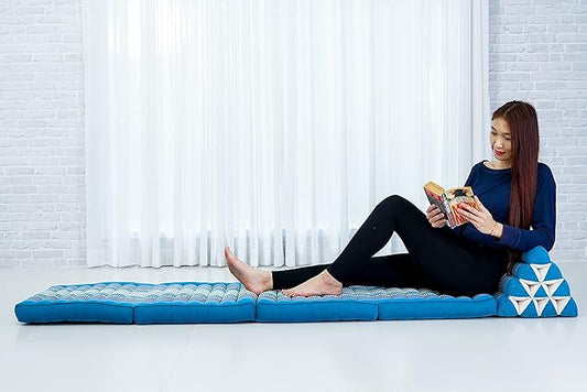 Leewadee Comfortable Japanese Floor Mattress - Thai Floor Bed with Triangle Cushion - Futon Mattress - XL Extra Long Thai Massage Mat, 89 x 20 inches, Light Blue, Kapok Filling
