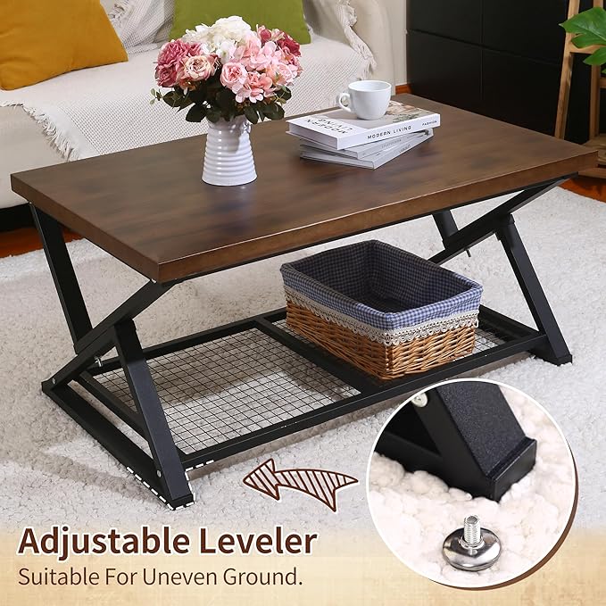 EASYSOUL Coffee Table with Storage Shelf, Solid Wood Top with Black Metal X-Frame, 39.37" D x 23.62" W x 18.11" H, Mid Century Modern Center Coffee Tables for Living Room with 2 Tier (Brow, 39.37")