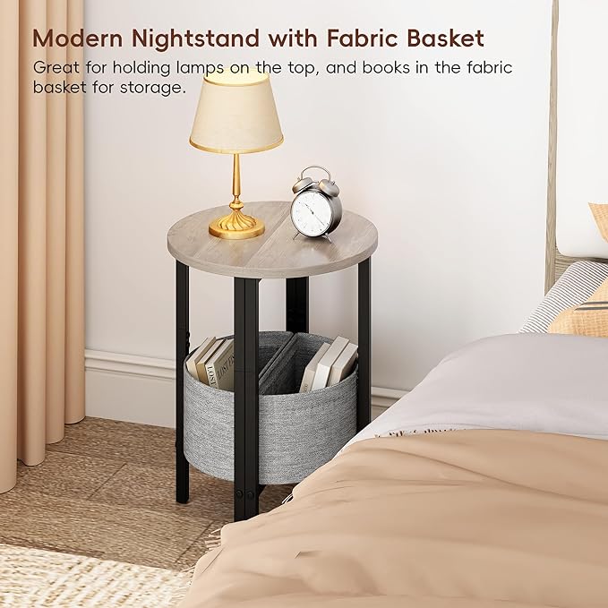 Vagusicc Small Round Side Table End Table with Storage Basket, Accent Coffee Tables Modern Round Nightstand, Set of 2 Half Round Tables, Tall Sofa Table Bedside Table for Living Room Bedroom,Gray