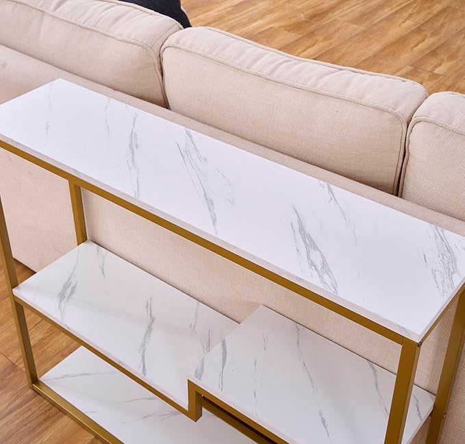 loglus Console Table for Entryway, Faux Marble MDF Sofa Table with Golden Frame (Multilayer, White Marble)