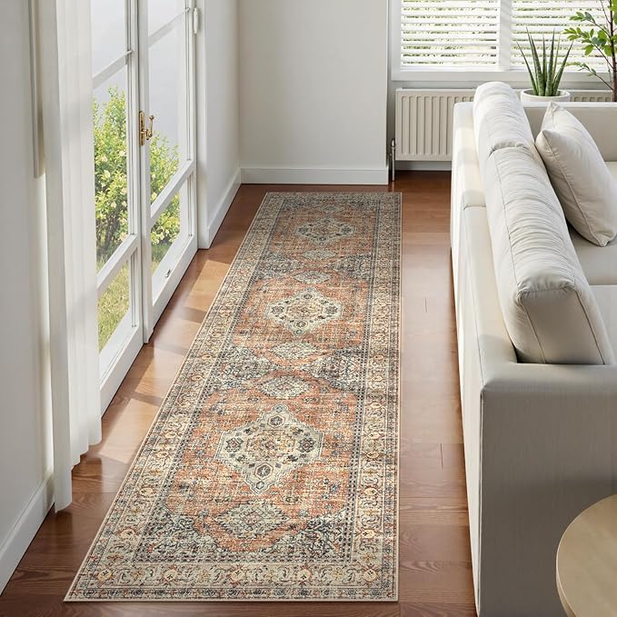 Lahome Oriental Hallway Runner Rug, 2.5x8 Kitchen Runner Non Slip Ultra-Thin, Soft Washable Hallway Rug Distressed Non Shedding Long Carpet for Entryway ‎Laundry Room Bathroom, Peach/Orange