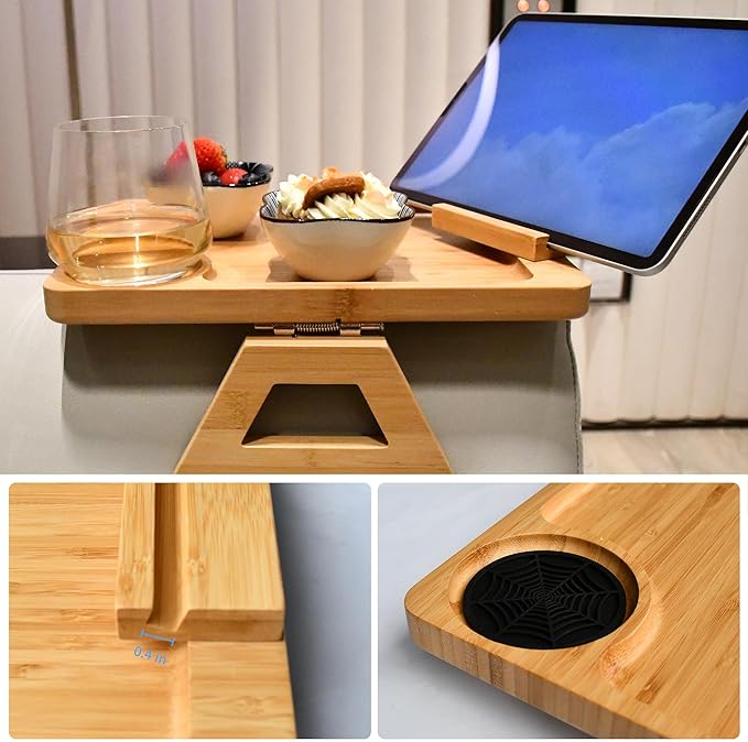 Couch Arm Tray Table Clip on Sofa, Armrest TV Tray Table with 360° Rotating Phone Holder, Solid Bamboo Side Table for Wide Couches Arm, Gift for Mom Dad or Friends