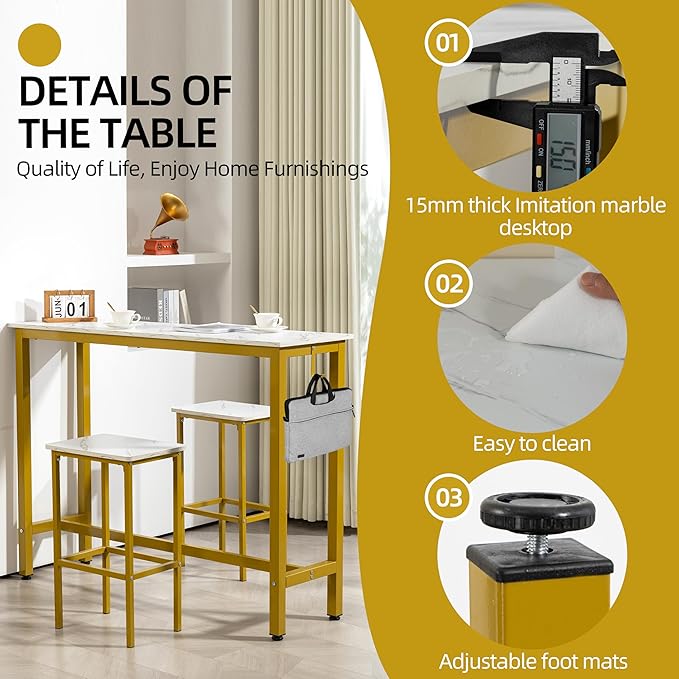 Finnhomy 52.7" Industrial Bar Table Set with 2 Stools - Counter Height Dining & Pub Table for Small Spaces, Kitchen, Apartment, Nook - Metal & Wood, Space-Saving Furniture - White Marble and Gold
