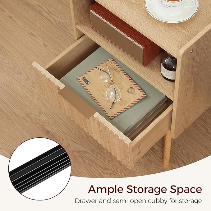 Fluted Nightstand, End Table, Small Modern Bedside Table with Charging Station, Side Table with Drawer, for Small Spaces, Bedroom, Living Room, Natural ETNA61E01