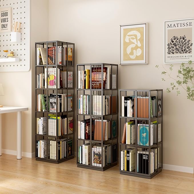 Square Rotating Bookshelf Tower - 360 Spinning Display Corner Bookcase for Narrow Space, Modern 4-Tier Revolving Storage Shelf, Black