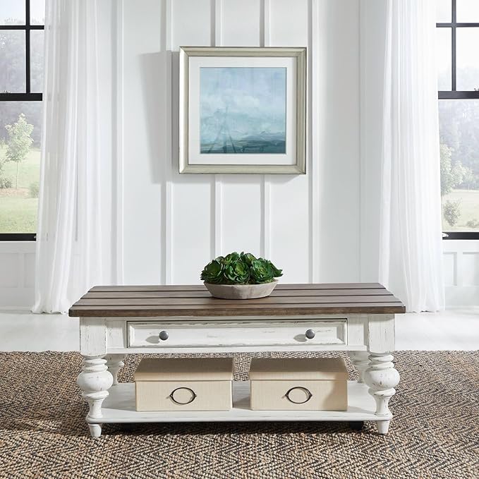 Liberty Furniture River Place Living Room 3 Piece Set - Cocktail Table, 2 End Tables - Riverstone White & Tobacco
