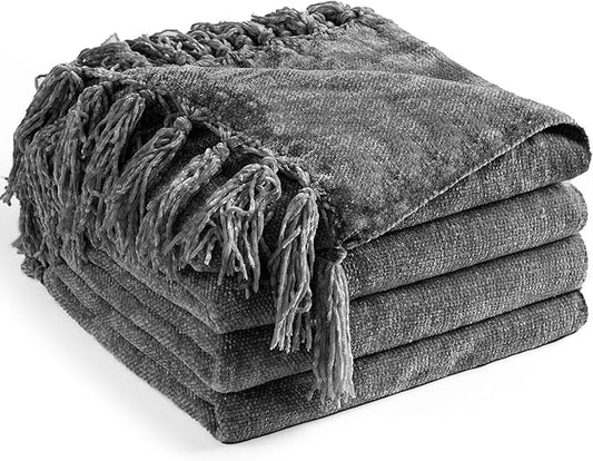 Chenille Throw Blanket for Couch 60"X 80" Twin, Soft Cozy Throws with Fringe Tassel for Bed Sofa Chair Cover, Lightweight Knitted Decorative Boho Blankets for Living Room, Dark Grey