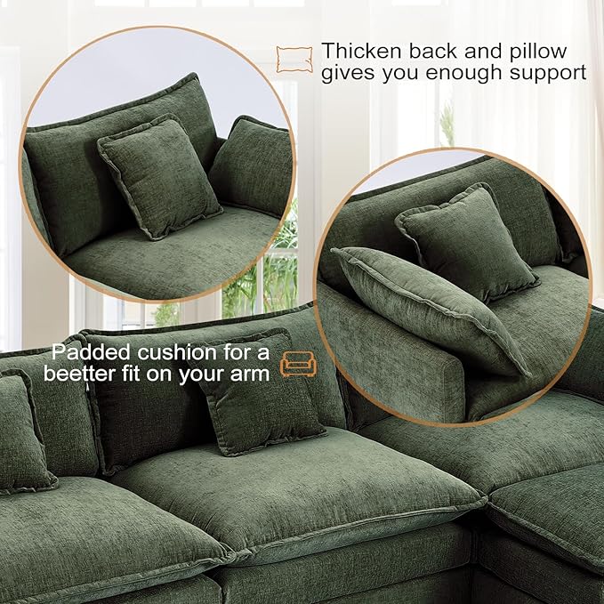 Furniliving 112‘’ L-Shaped Sofa, Luxury Chenille Modular Sectional Couches with Ottoman, Upholstered Deep Seat Sleeper Sofa with Memory Foam and Waist Pillows, Green