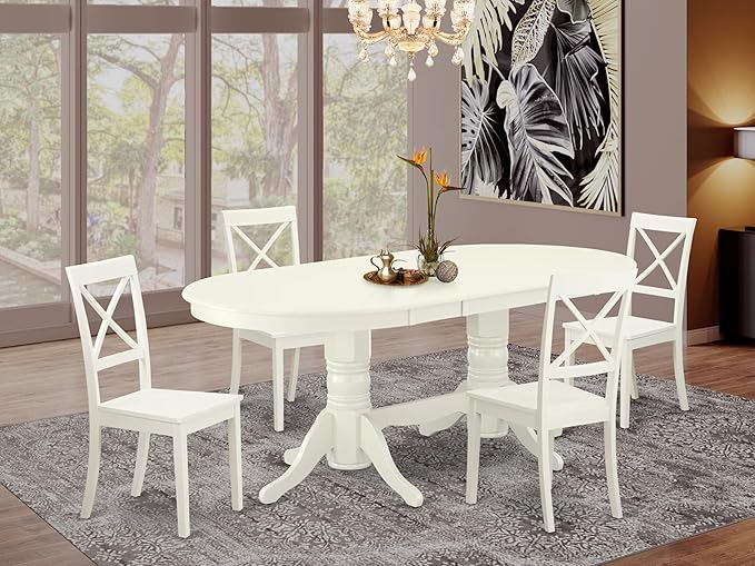 East West Furniture VABO5-LWH-W 5 Piece Kitchen Table Set for 4 Includes an Oval Dining Room Table with Butterfly Leaf and 4 Solid Wood Seat Chairs, 40x76 Inch, Linen White