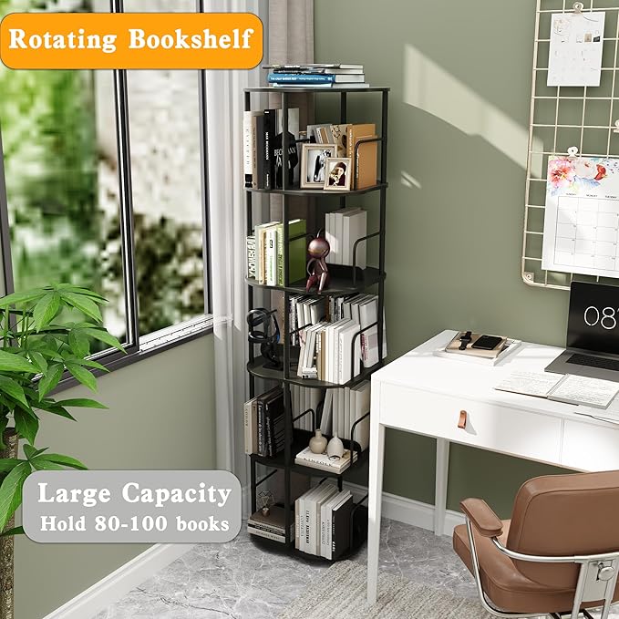 4-Tier Rotating Bookshelf, 360 ° Display Stackable Spinning Bookshelf Tower, Narrow Space Saving Tall Floor Standing Swivel Bookcase Corner Organizer for Bedroom, Living Room, Black