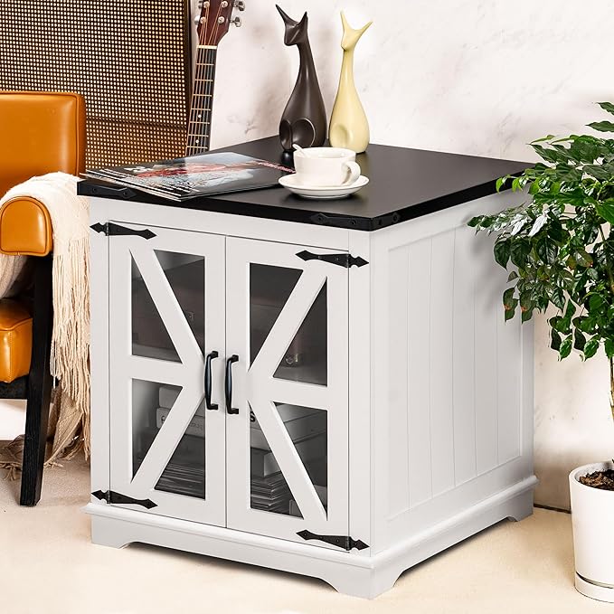 Farmhouse End Table, 24" Large End Tables with Storage, Rustic Square Sofa Beside Table with Glass Barn Door, Wood Side Table Square Nightstand for Living Room, Bedroom, Office (White)